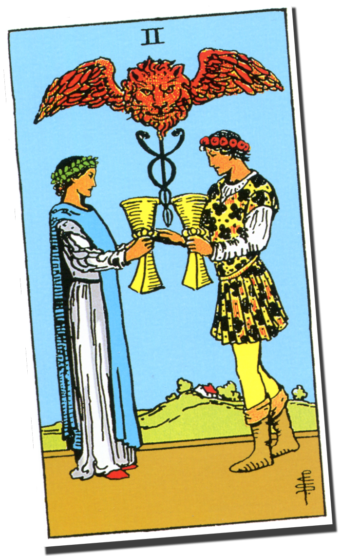The Lovers card from the original Rider-Waite-Smith Tarot deck, scanned in and colored by Don Leon and introduced into the Public Domain in August 2006