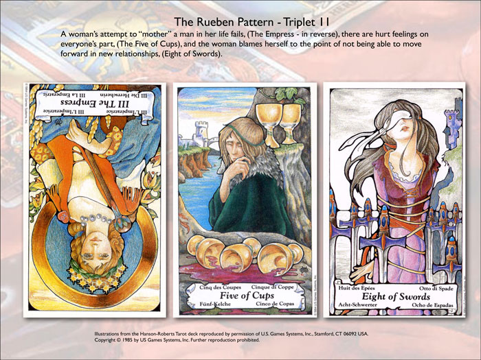 The Ruben Pattern Triplet II showing the Empress card upside down, the Five of Cups and the Eight of Swords