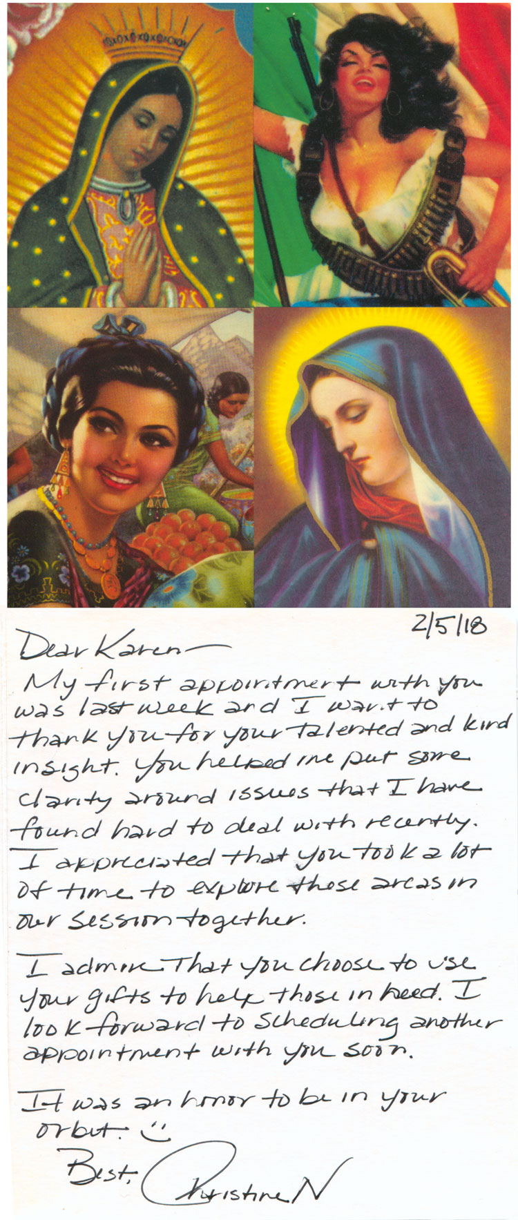 A personal card sent to Karen from Christine N. Text is in the web page.