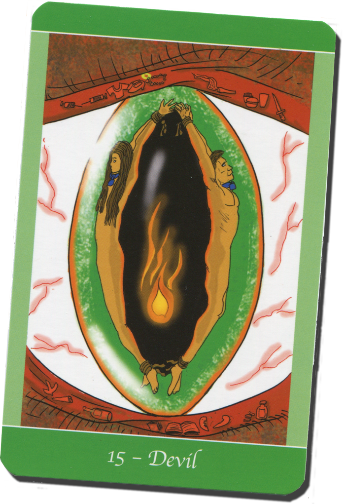 The Devil card with male and female figures bound together from Simply Deep Tarot