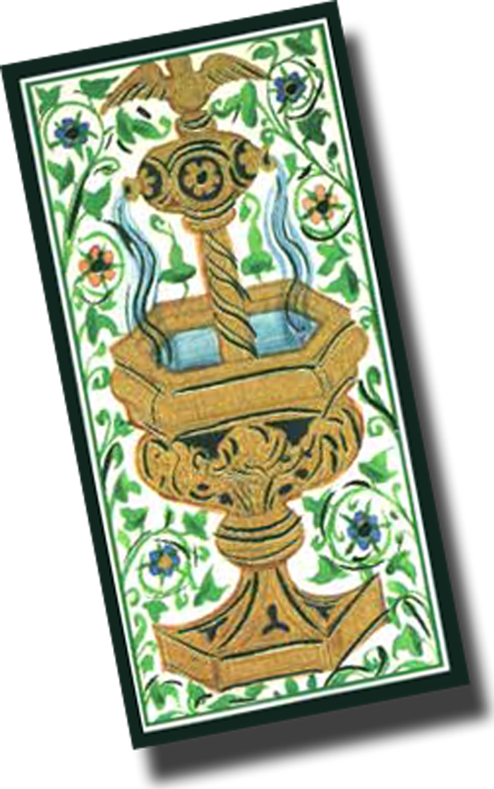 hand-painted Ace of Cups card, with silver and gold leaf from 1440s