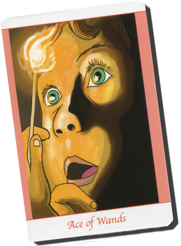 The Ace of Wands shows a child who stares at a struck match from Simply Deep Tarot