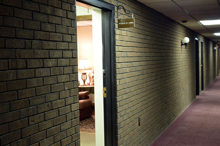 Karen's office door as seen from the interior hallway of her building