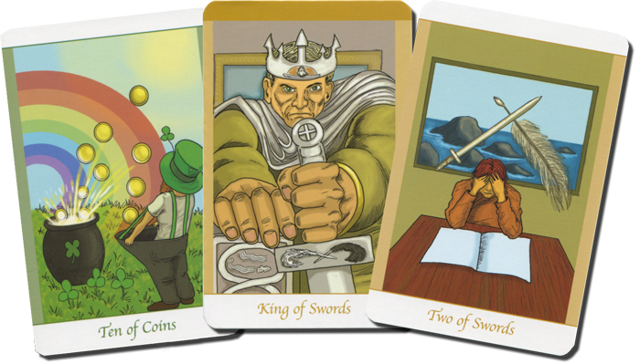 Simply Deep Tarot, the Ten of Coins, the King of Swords and the Two of Swords